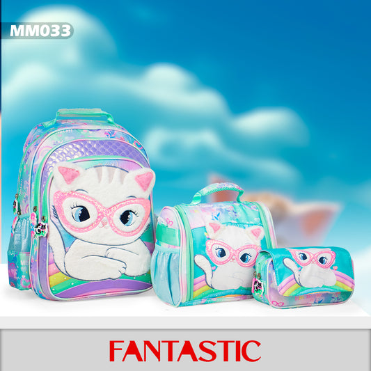MM033 حقيبة ظهر مدرسية، تصميم فيروزي وبنفسجي، طقم 3 قطع، مقاومة للماء، سعة 25 لتر، مناسبة للأعمار 6-15 سنة