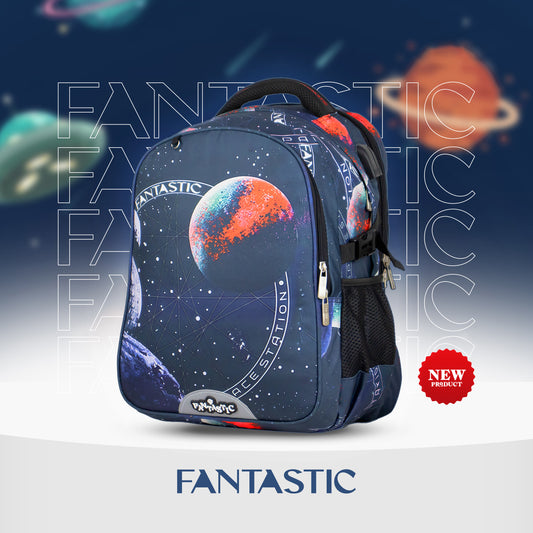 ODS1 حقيبة ظهر مدرسية، تصميم فضائي مع نجوم وكواكب، 18 بوصة، أزرق كحلي، جيوب متعددة، مناسبة للأطفال 6-12 سنة