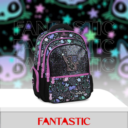 QY001 حقيبة ظهر مدرسية، 40سم، 3 حجرات، تصميم قطط ونجوم، أسود ووردي، مقاومة للماء