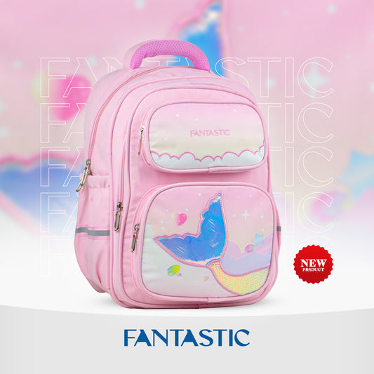 CS007 حقيبة ظهر فانتاستيك مدرسية، لون أزرق فاتح، متعددة الجيوب، مع نقوش زهور