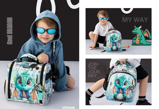 MM052 حقيبة ظهر مدرسية CHIMOLA مع حقيبة طعام ومقلمة، تصميم التنين، لون أزرق وأخضر