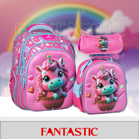 QY006 حقيبة فانتاستيك المدرسية، 43سم، مع حقيبة طعام ومقلمة، تصميم ثلاثي الأبعاد، للأطفال