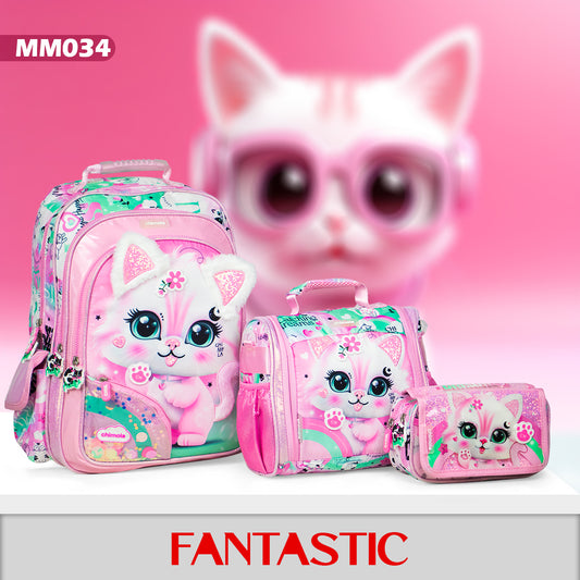 MM034 مجموعة حقائب أطفال بتصميم قطة، نمط وردي ومنت، 3 قطع