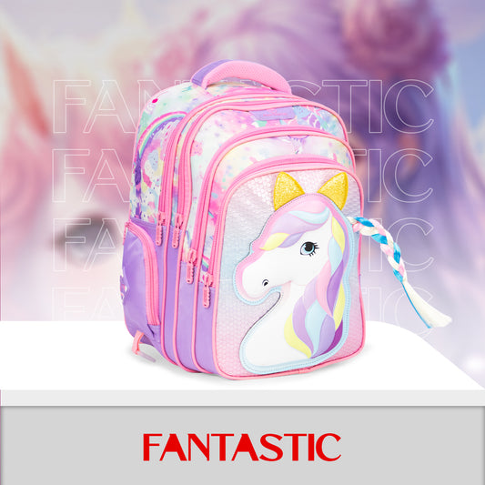 QY011 حقيبة ظهر مدرسية، تصميم يونيكورن، ٣ حجرات، ٢٥ لتر، بنفسجي، مقاومة للماء، 16 بوصة