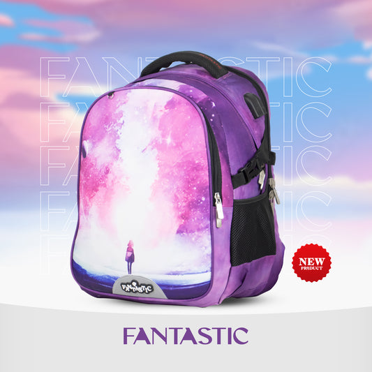 ODS1 حقيبة ظهر مدرسية بنفسجية مع تصميم سماء ليلية، مع جيوب شبكية وأحزمة قابلة للتعديل