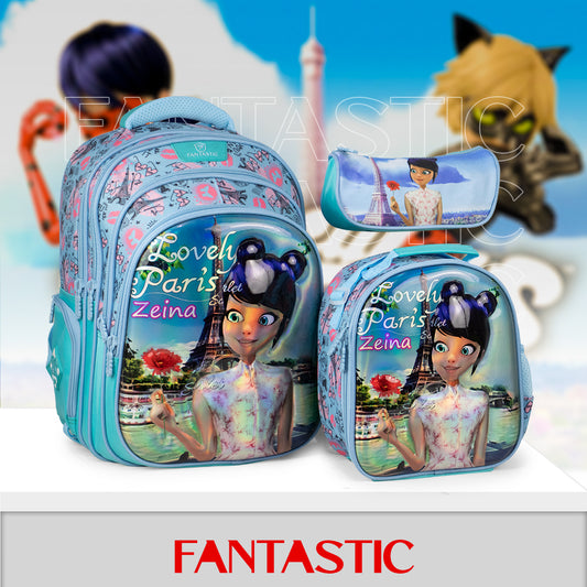QY008 حقيبة مدرسية فانتاستيك باريس، طقم ٣ قطع، حقيبة ظهر مع حقيبة طعام ومقلمة، أزرق فيروزي