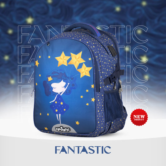 ODS1 حقيبة ظهر Fantastic مدرسية، تصميم نجوم وفتاة سماوية، لون أزرق كحلي، جيوب شبكية جانبية، أشرطة كتف قابلة للتعديل
