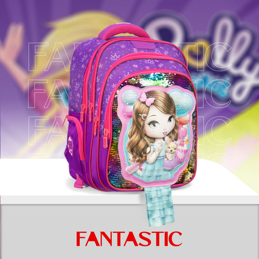 QY011 حقيبة ظهر FANTASTIC للأطفال، بنفسجية مع نمط النجوم، متعددة الجيوب، مع رسومات جذابة