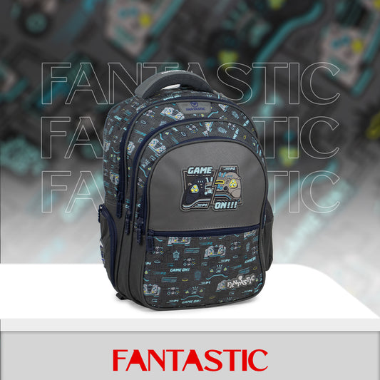 QY001 حقيبة ظهر مدرسية للألعاب، 25 لتر، 3 حجرات، تصميم جيمنج، رمادي وأزرق، 40×30×15 سم