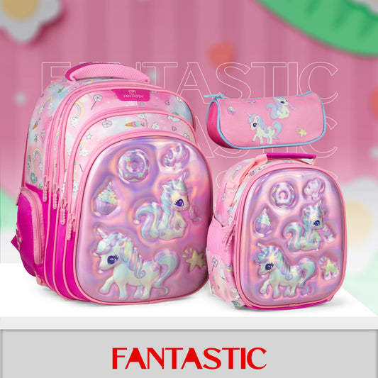 QY008 حقيبة مدرسية فانتاستيك للأطفال ، طقم ٣ قطع، حقيبة ظهر يونيكورن مع حقيبة طعام ومقلمة، وردي (Copy)