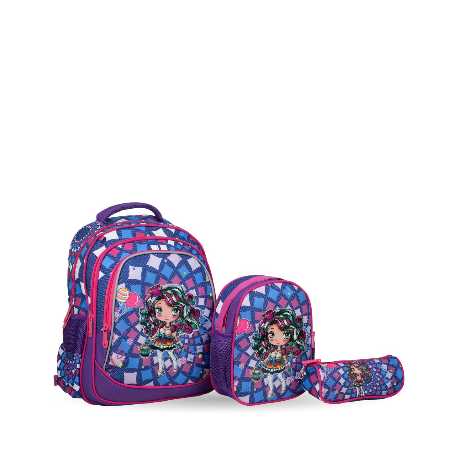 XT082 فانتاستيك، طقم شنط مدرسية للبنات، ٣ قطع، نمط مربعات، لون أزرق وبنفسجي