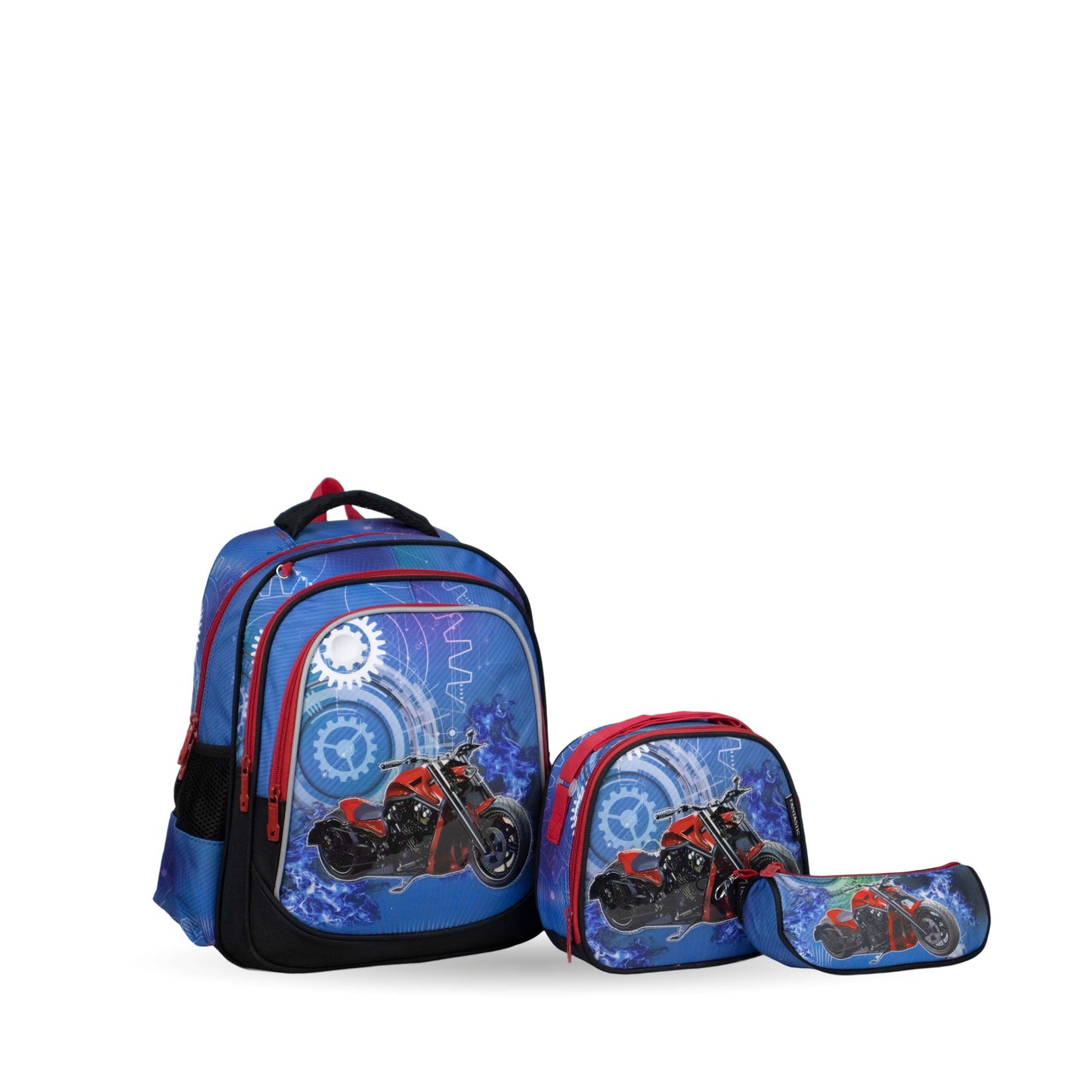 فانتاستيك، طقم حقائب مدرسية ٣ قطع، تصميم دراجة نارية، أزرق وأحمر XT082
