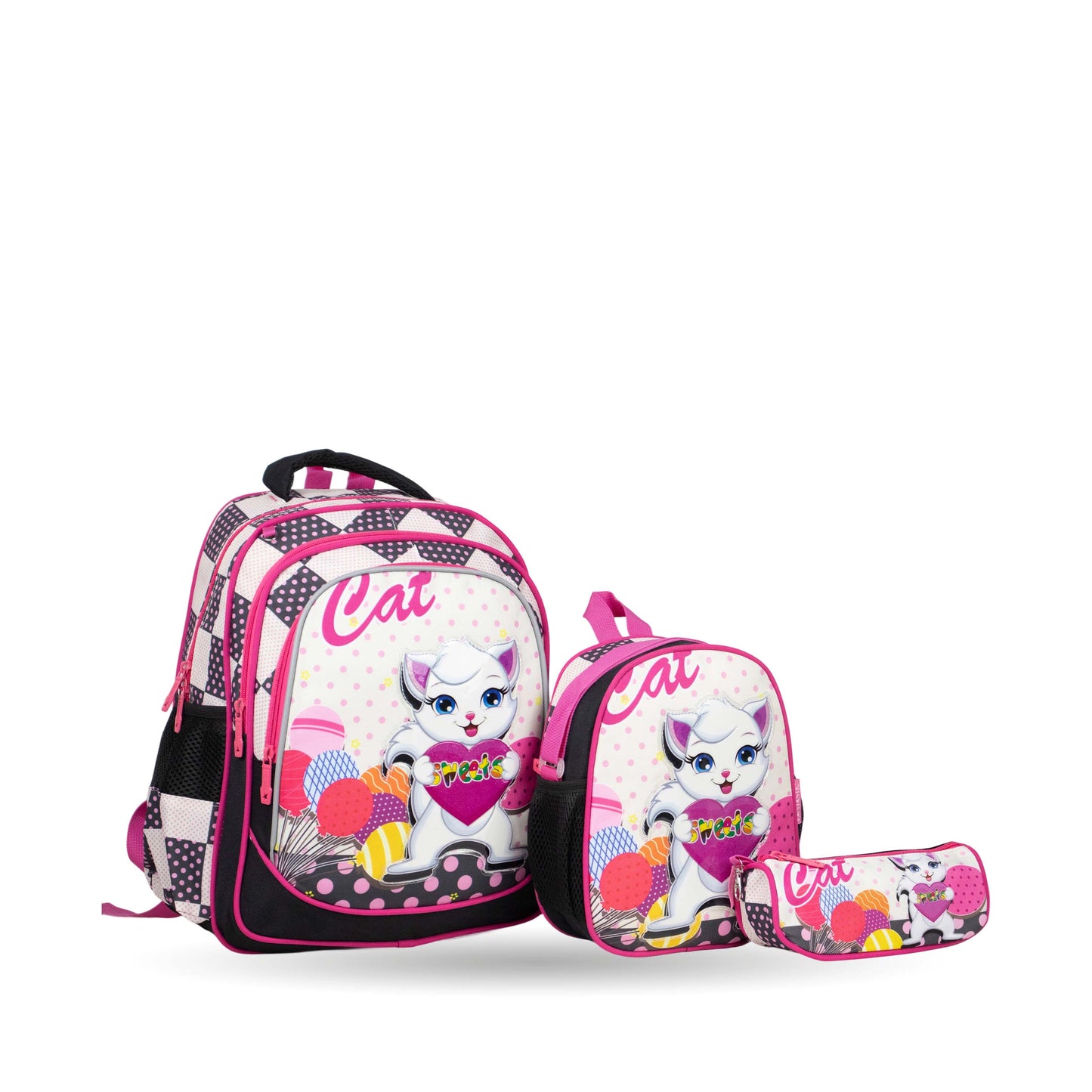 فانتاستيك، طقم شنط مدرسية للبنات، ٣ قطع، تصميم قطة جميل، لون وردي وأبيض