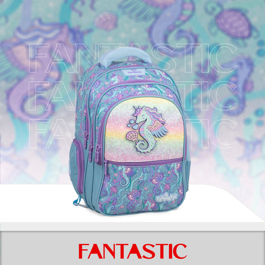 QY001 حقيبة ظهر مدرسية للأطفال، تصميم يونيكورن وحصان البحر، 16 بوصة بنفسجي وأزرق، ٣ حجرات