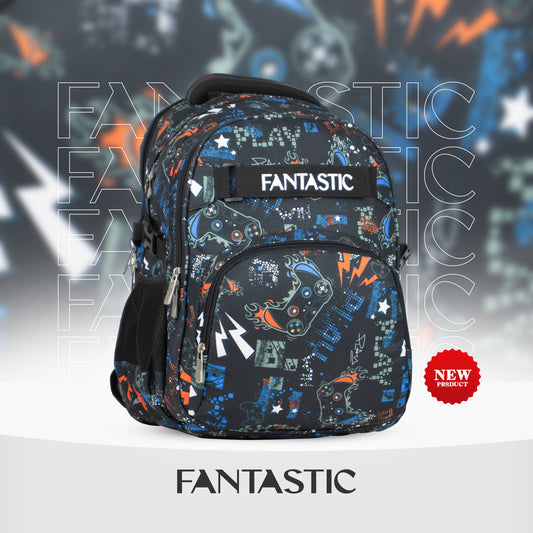 ODS3 حقيبة ظهر مدرسية فانتاستيك للألعاب، نمط جيمنج، أسود وأزرق، متعددة الجيوب