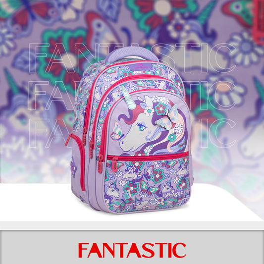 QY001 حقيبة ظهر مدرسية للأطفال، تصميم يونيكورن وفراشات، ٣ حجرات، ٢٥ لتر، مقاومة للماء، بنفسجي، 40×30×15 سم