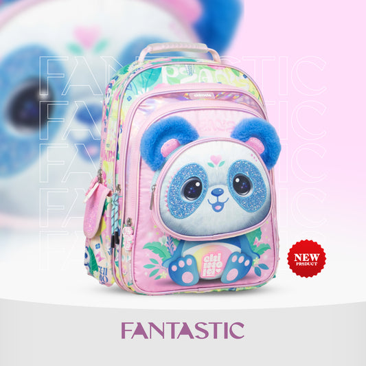 MM040  حقيبة ظهر مدرسية للأطفال، تصميم باندا، متعددة الجيوب، لون وردي مع أزرق، مع لمسات براقة