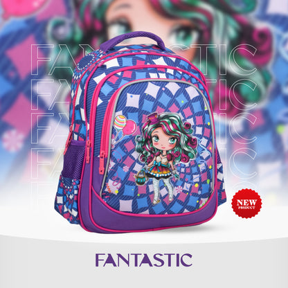XT081 ياً مع حقيبة الظهر المدرسية فانتاستيك! تتميز هذه الحقيبة بتصميم ساحر يجمع بين حصان البحر واليونيكورن مع لمسات قوس قزح براقة بألوان الأزرق