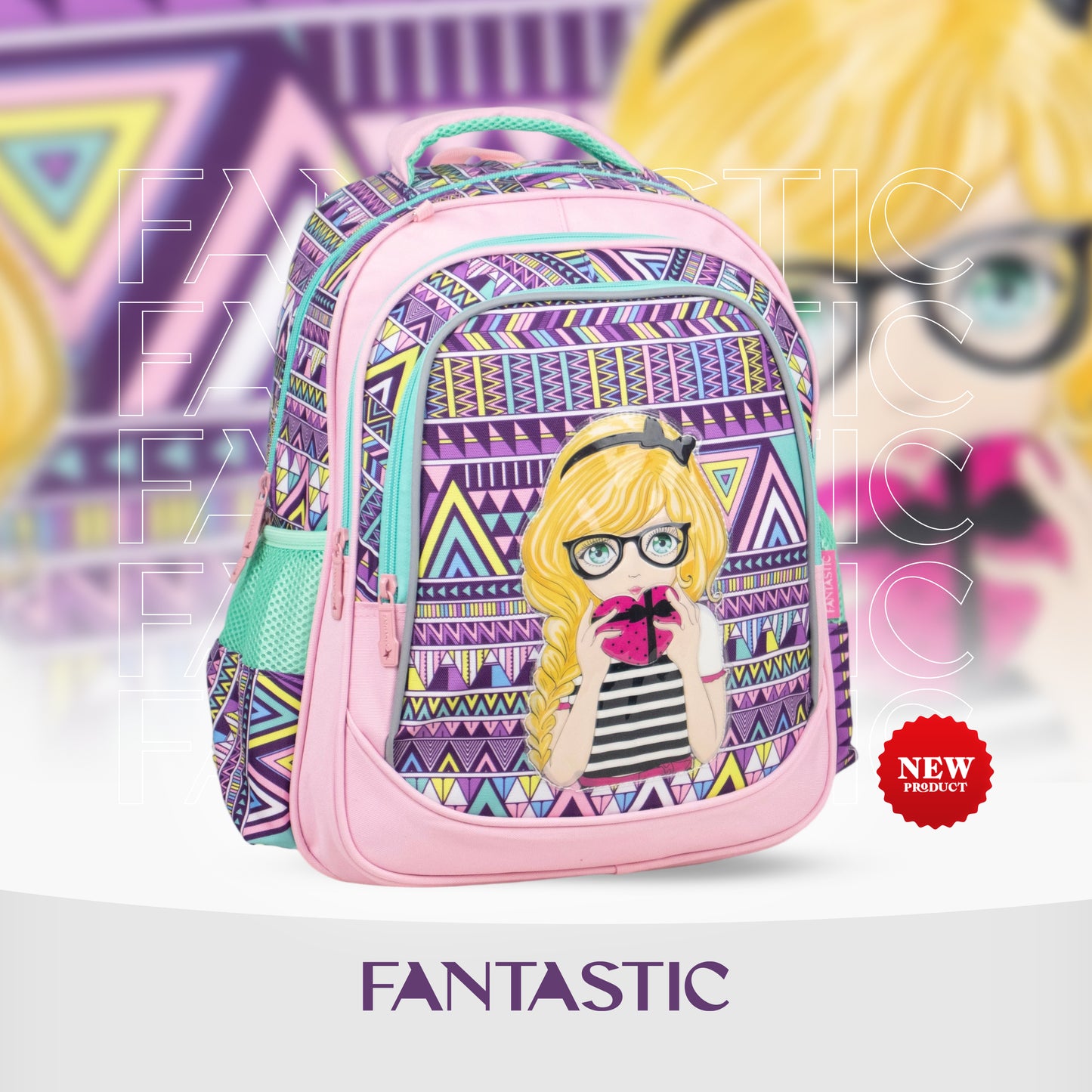 XT081 ياً مع حقيبة الظهر المدرسية فانتاستيك! تتميز هذه الحقيبة بتصميم ساحر يجمع بين حصان البحر واليونيكورن مع لمسات قوس قزح براقة بألوان الأزرق