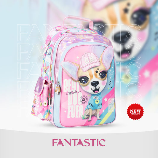 MM039 حقيبة ظهر تشيمولا للأطفال، تصميم كلب جميل، وردي مع قوس قزح، متعددة الجيوب، مع نقوش عصرية