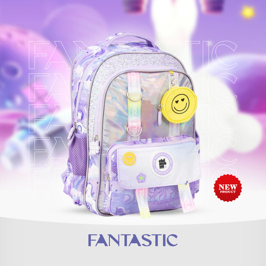 MM045 شيمولا حقيبة ظهر مدرسية، تصميم يونيكورن سحري، لون بنفسجي، مع جيوب متعددة وزخارف براقة