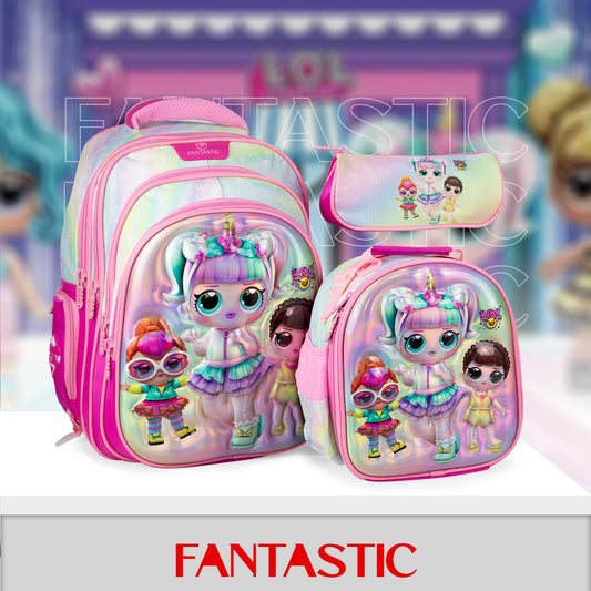 QY008 حقيبة ظهر FANTASTIC مدرسية للأطفال، تصميم بنفسجي وزهري،  4جيوب، طقم ٣ قطع مع حقيبة طعام ومقلمة