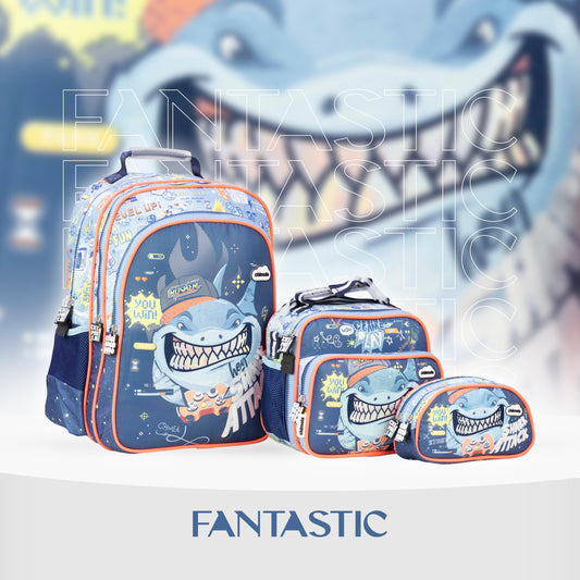 MM054 حقيبة ظهر فانتاستيك للأطفال مع حقيبة طعام ومقلمة، تصميم ألعاب الفيديو والقرش، أزرق وبرتقالي