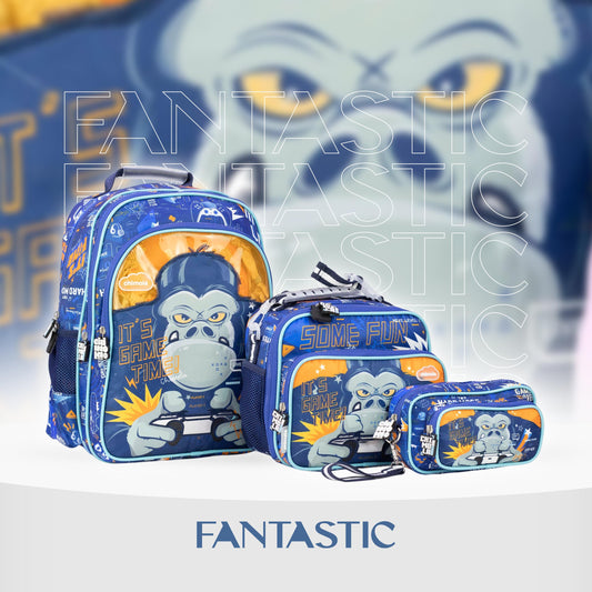 MM055 مجموعة حقائب مدرسية للأطفال، حقيبة ظهر مع حقيبة طعام ومقلمة، تصميم ألعاب فيديو باللون الأزرق
