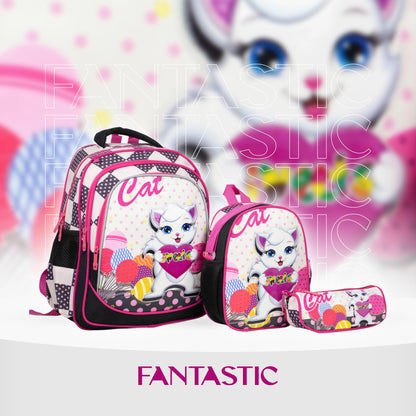 فانتاستيك، طقم شنط مدرسية للبنات، ٣ قطع، تصميم قطة جميل، لون وردي وأبيض