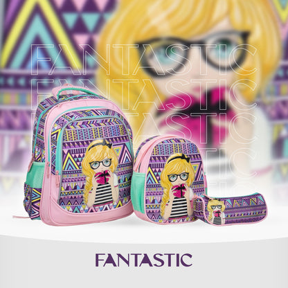 XT082 طقم شنط مدرسية للبنات، ٣ قطع، نمط هندسي، وردي وأرجواني