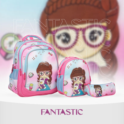 XT082 فانتاستيك، طقم شنط مدرسية للبنات، ٣ قطع، تصميم كرتوني جذاب، لون وردي وأزرق