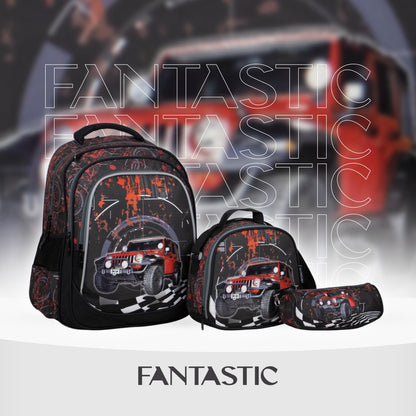 فانتاستيك، طقم حقائب مدرسية، ٣ قطع، تصميم سيارة، نمط أسود وأحمر XT082