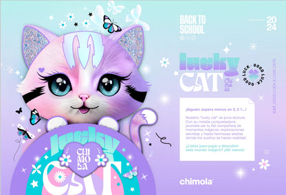 MM037 CHIMOLA ، طقم حقائب مدرسية للبنات، حقيبة ظهر مع حقيبة طعام ومقلمة، تصميم قطة بألوان بنفسجية وقوس قزح