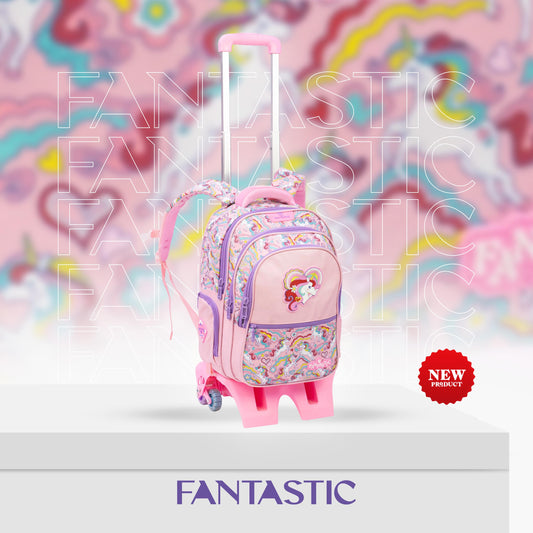 QY001T حقيبة ظهر مدرسية للأطفال، تصميم يونيكورن وآيس كريم، مع عجلات، 3 حجرات، لون وردي وبنفسجي