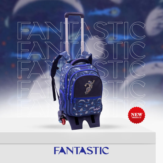 QY001T حقيبة ظهر مدرسية فضائية، مع عجلات، 3 حجرات، تصميم رائد فضاء وكواكب، أزرق داكن، مقاومة للماء