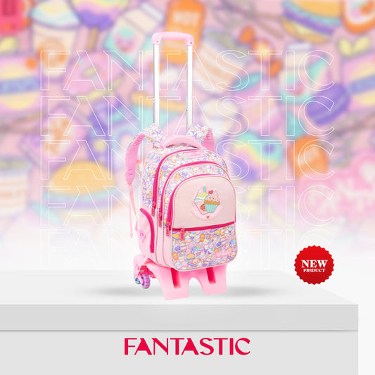 QY001T حقيبة ظهر مدرسية للأطفال، تصميم حلويات وآيس كريم، مع عجلات، 3 حجرات، وردي وملون، 17 بوصة