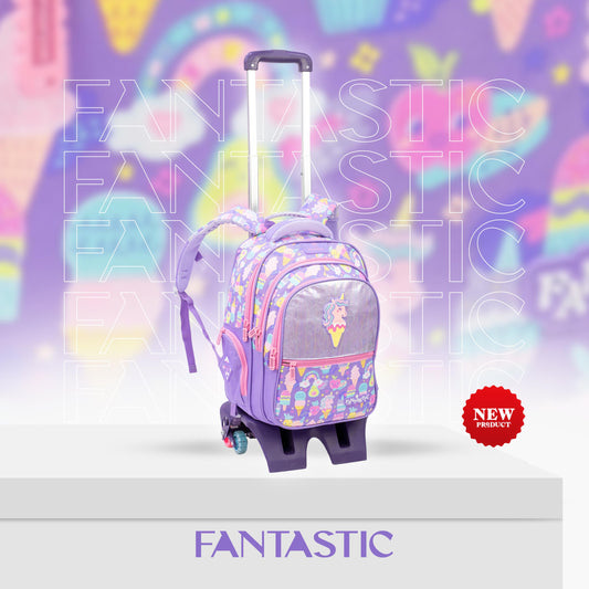 QY001T حقيبة ظهر فانتاستيك للأطفالمع عجلات مقاس 17 بوصة، تصميم يونيكورن وآيس كريم، بنفسجي وردي
