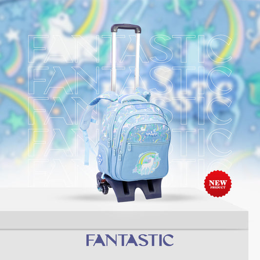 QY002T فانتاستيك حقيبة ظهر مدرسية،مع عجلات تصميم يونيكورن وقوس قزح، لون أزرق فاتح، جيوب متعددة