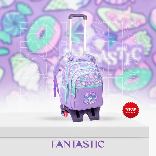 فانتاستيك حقيبة ظهر مدرسية،مع عجلات تصميم حلويات، لون بنفسجي مع أزرق فاتح، سحابات متعددة QY002T