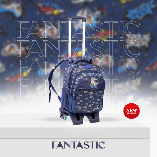 فانتاستيك حقيبة ظهر مدرسية مع عجلات، تصميم عصري، نمط كرتوني، لون كحلي، سحابات متعددة QY002T