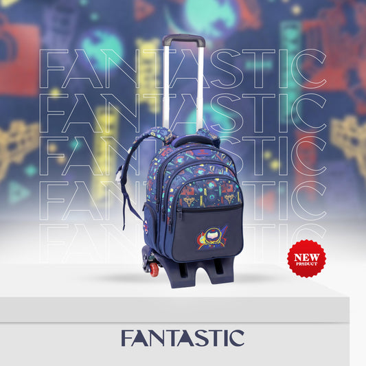 QY002T فانتاستيك حقيبة ظهر مدرسية،مع عجلات  تصميم فضائي، نمط كرتوني، لون كحلي مع رسومات ملونة
