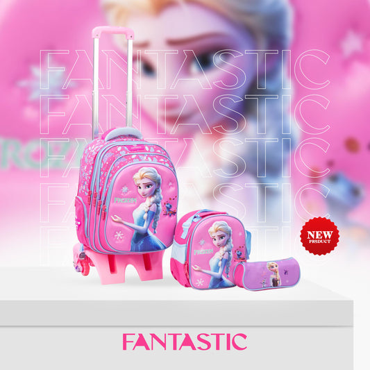 QY006T حقيبة فانتاستيك المدرسيةمع عجلات ،17 بوصة مع حقيبة طعام ومقلمة، تصميم ثلاثي الأبعاد، للأطفال