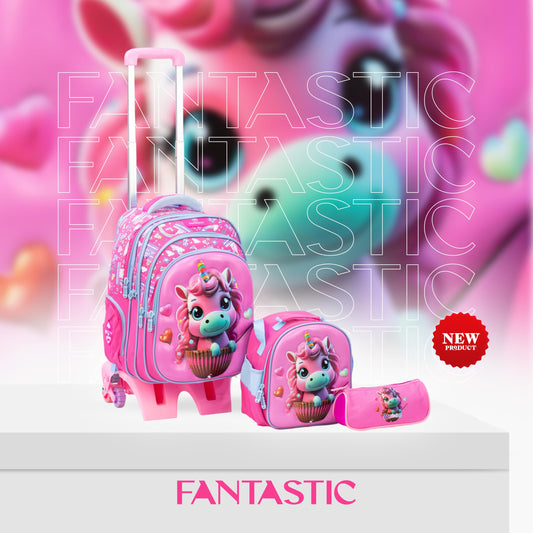 QY006T حقيبة فانتاستيك المدرسية مع عجلات، 43سم، مع حقيبة طعام ومقلمة، تصميم ثلاثي الأبعاد، للأطفال