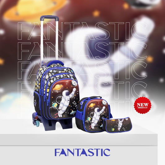 QY006T حقيبة فانتاستيك المدرسية مع عجلات، 43سم، مع حقيبة طعام ومقلمة، تصميم ثلاثي الأبعاد، للأطفال