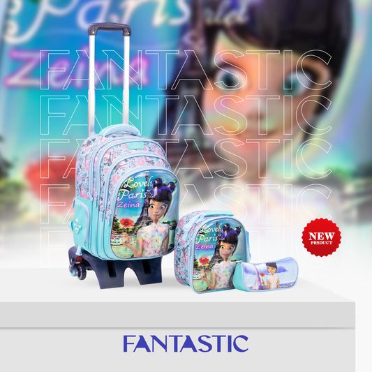 QY008T حقيبة مدرسية فانتاستيك باريس مع عجلات، طقم ٣ قطع، حقيبة ظهر مع حقيبة طعام ومقلمة، أزرق فيروزي