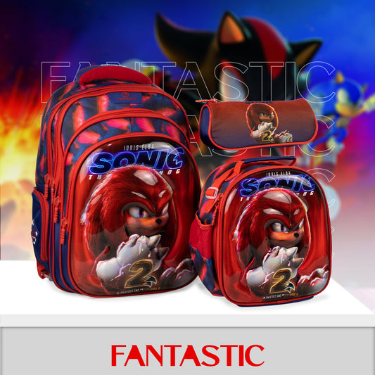 QY008 مجموعة سونيك هيدج هوج المدرسية، طقم ٣ قطع، حقيبة ظهر مع حقيبة طعام ومقلمة، أحمر وأزرق