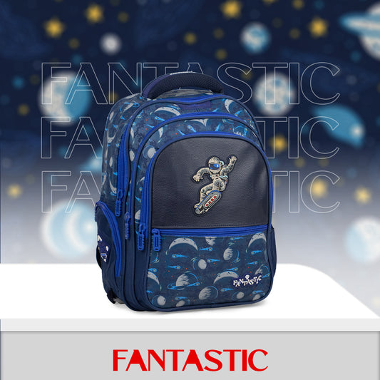QY001 حقيبة ظهر مدرسية فضائية، 25 لتر، 3 حجرات، تصميم رائد فضاء وكواكب، أزرق داكن، مقاومة للماء