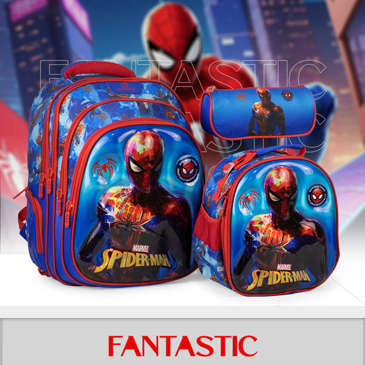 QY008 حقيبة مدرسية فانتاستيك سبايدرمان، طقم ٣ قطع، حقيبة ظهر مع حقيبة طعام ومقلمة، أزرق وأحمر