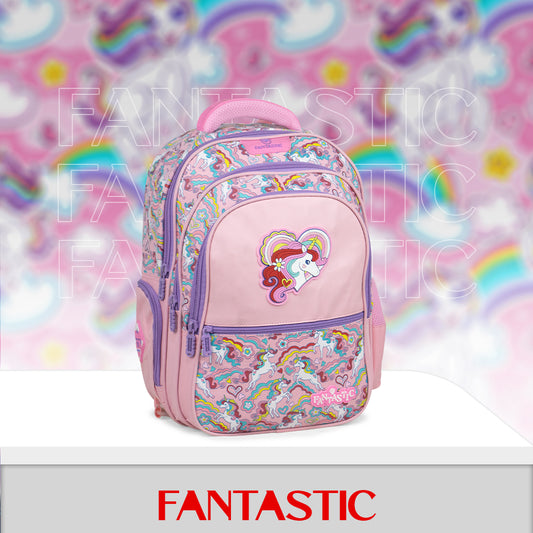 QY001 حقيبة ظهر مدرسية للأطفال، تصميم يونيكورن وآيس كريم، 25 لتر، 3 حجرات، لون وردي وبنفسجي