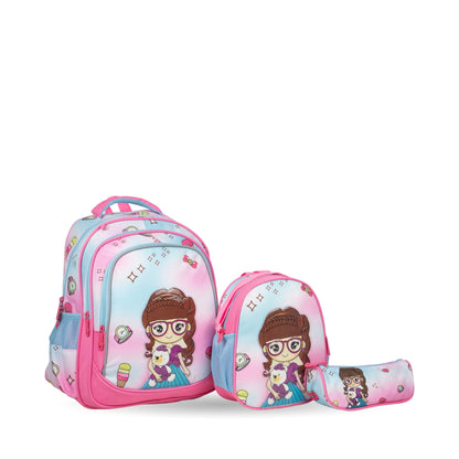 XT082 فانتاستيك، طقم شنط مدرسية للبنات، ٣ قطع، تصميم كرتوني جذاب، لون وردي وأزرق
